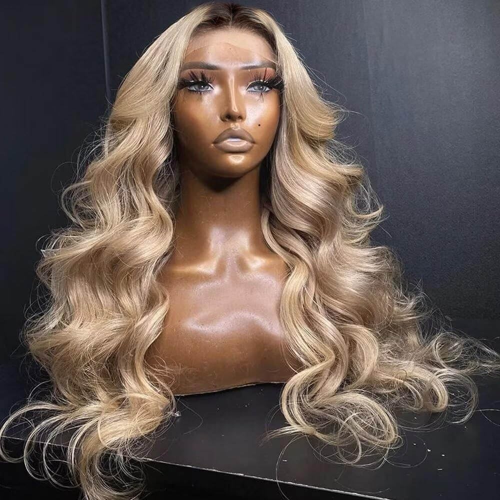 Ombre Light Ash Blonde Highlight 100% Human Hair 13×4 Lace Front Wig
