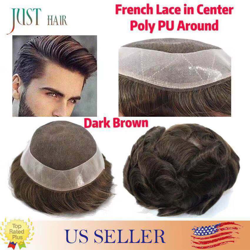 French Lace Front Mens Toupee Lace Hairpiece Poly Hair Replacement PU Around Wig
