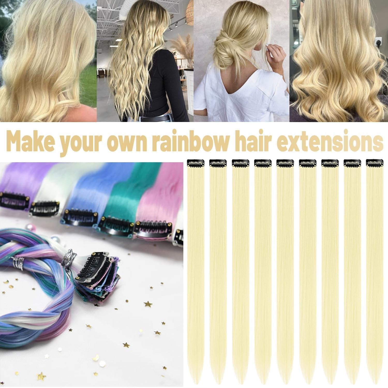 22 inch Colored Hair Extensions,Multi-colors Party Highlights Clip in Synthet…