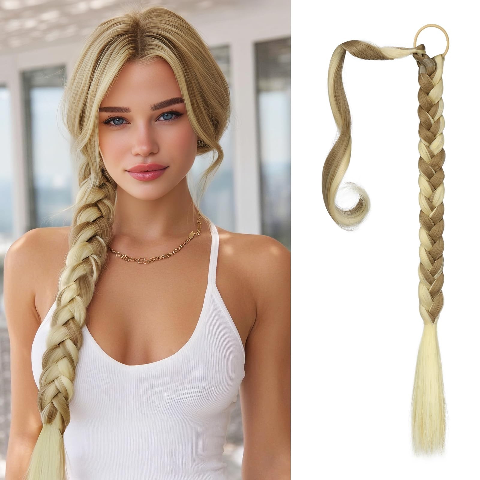 Long Braid Ponytail with Hair Tie Straight Sleek Wrap Around Hair Extensions