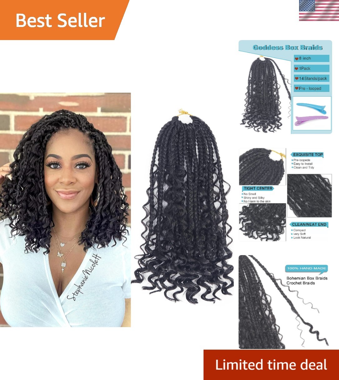 8 Inch Handmade Goddess Box Braids Crochet Hair with Curly Ends – 1 Pack