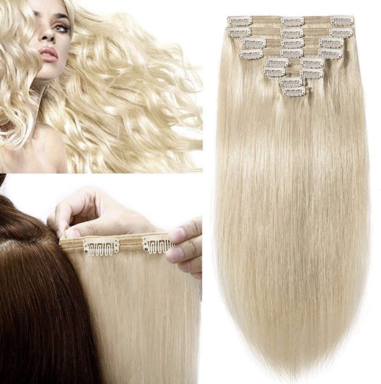 S-Noilite Human Hair Extensions, Double Weft 16”Platinum Blonde, 8 Pcs(18 Clips)