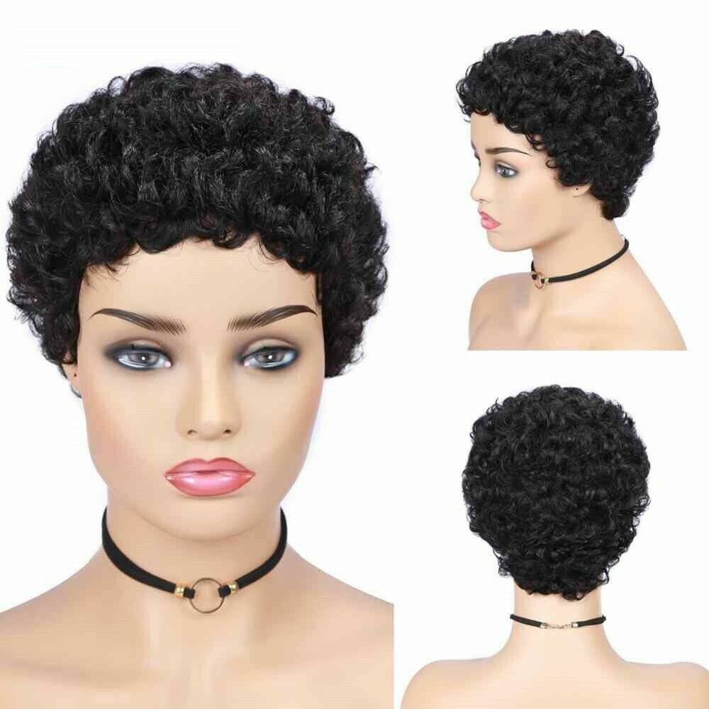 Fashion Women Lady Pixie Cut Short Curly Wig Bangs Black Synthetic Natural Hair