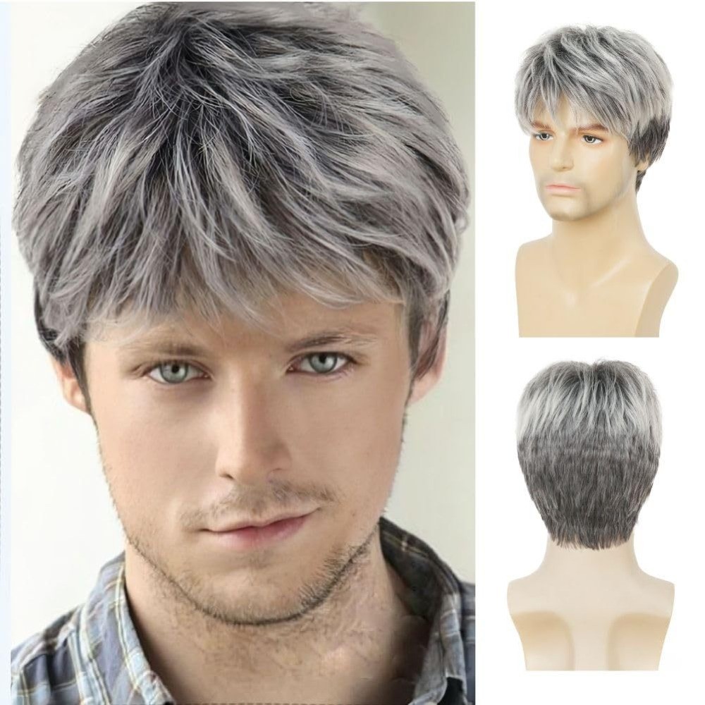 Men Grey Wig Gray Layered Short Beanie Hairpiece Universal Anime Cosplay Wigs AU