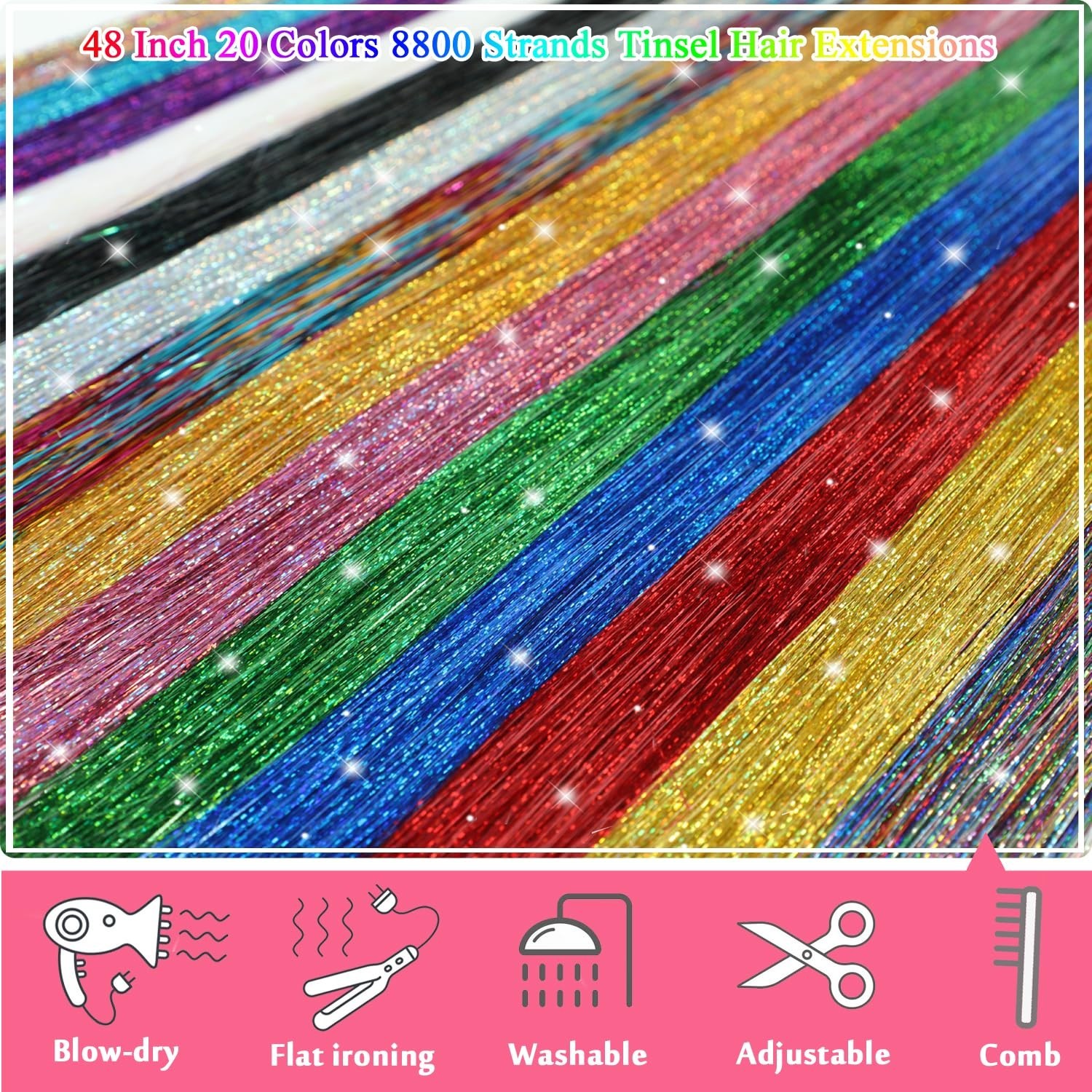 20 Colors Hair Tinsel Kit – 8800 Strands Heat Resistant 48 Inch Sparkle Set