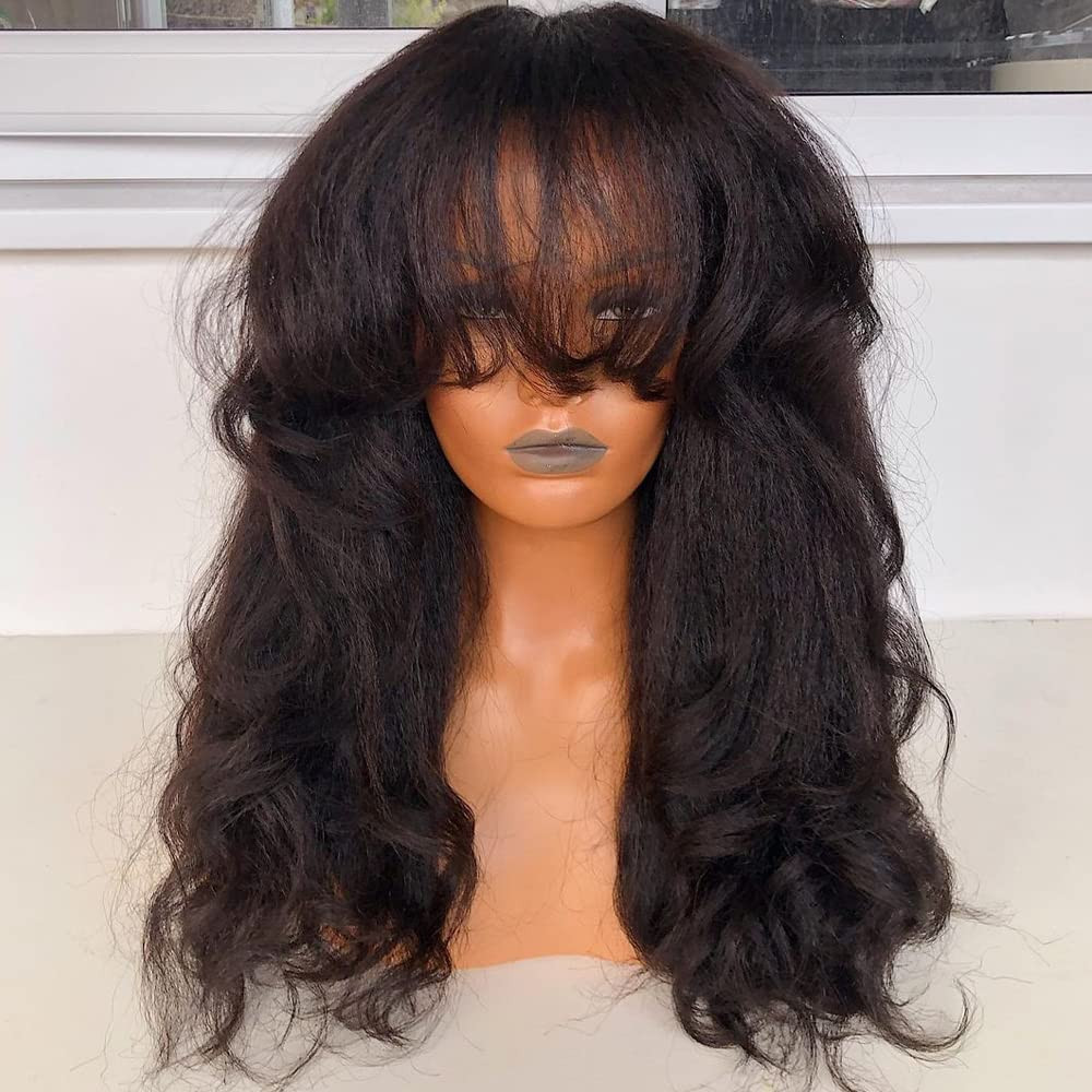 22″ Yaki Wavy Bangs Wig – 200% Density Brazilian Remy Human Hair