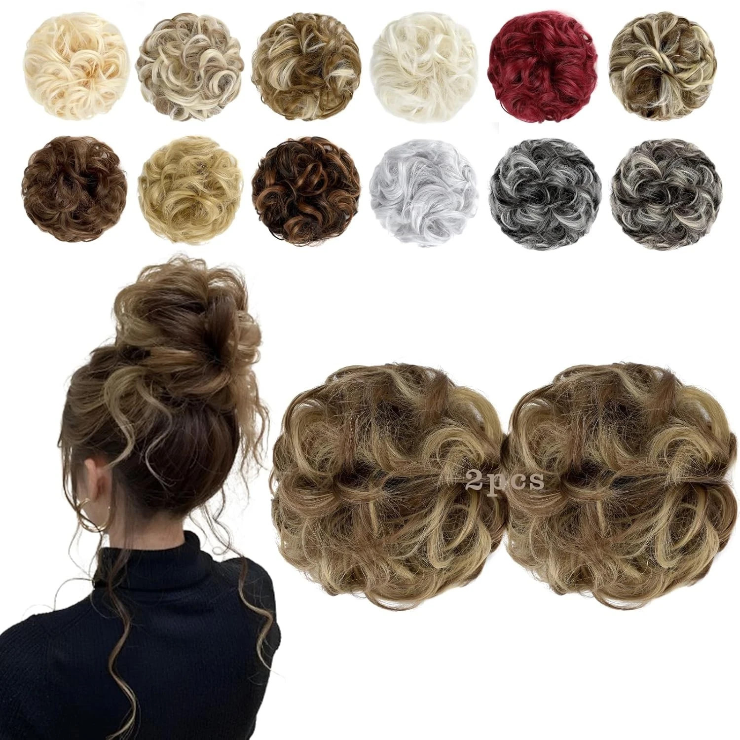2 PCS Messy Bun Hair Piece Wavy Curly Scrunchies Light Brown Mix Ash Blonde