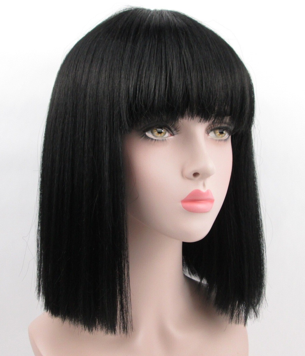 WOMEN CLASSIC CLEOPATRA STYLE 14″ STRAIGHT HAIR WIG W/ FULL BANGS SKIN TOP NIDA