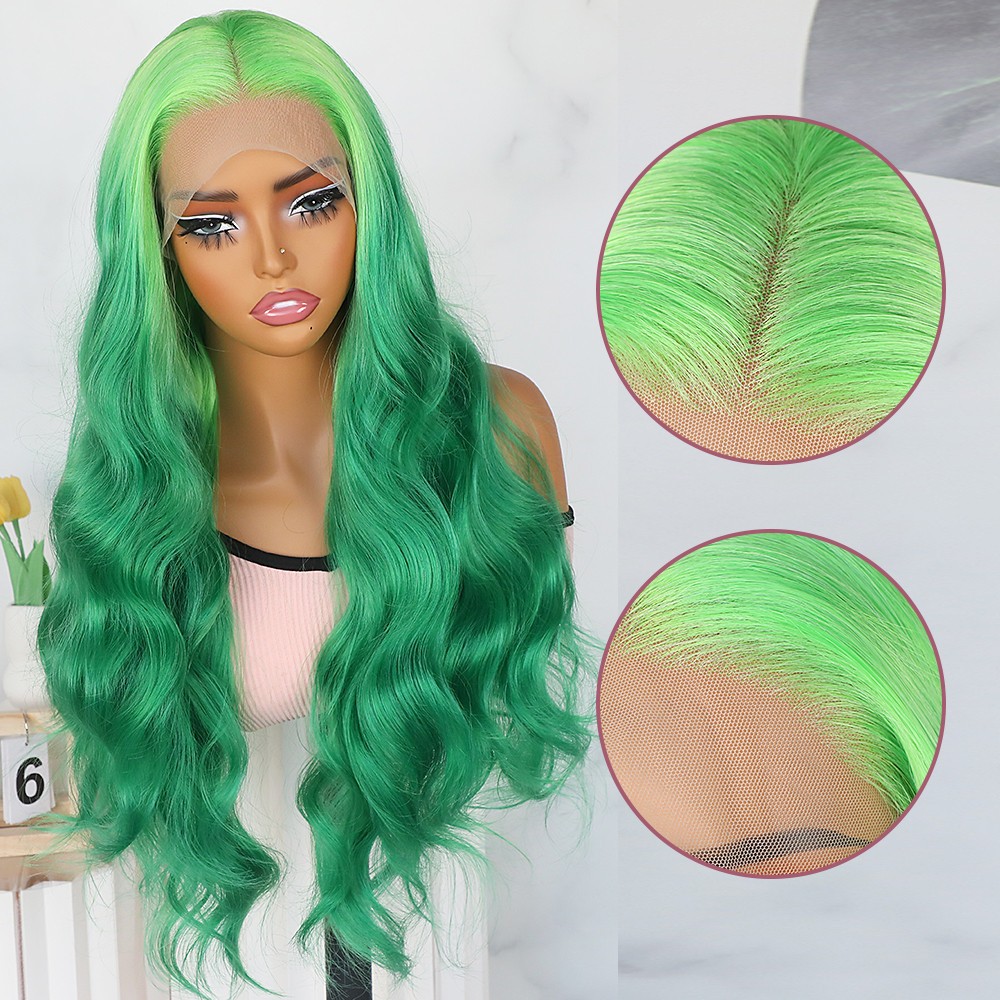 Ombre Green Hair Long Body Wave Lace Front Wigs Glueless for Women Daily Party