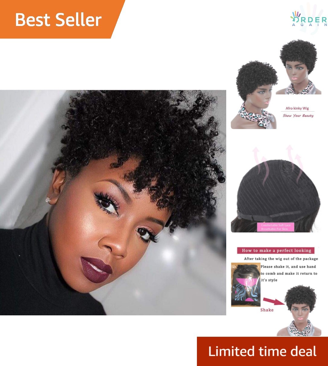 Kinky Human Hair Wig Short Afro Curly Black Women 150% Density Natural
