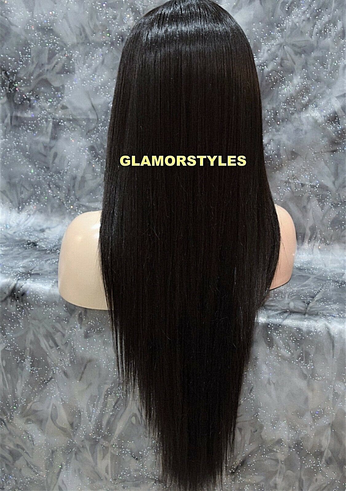 LACE FRONT FULL WIG LONG STRAIGHT LAYERED MIDDLE PART JET BLACK #1 HEAT OK