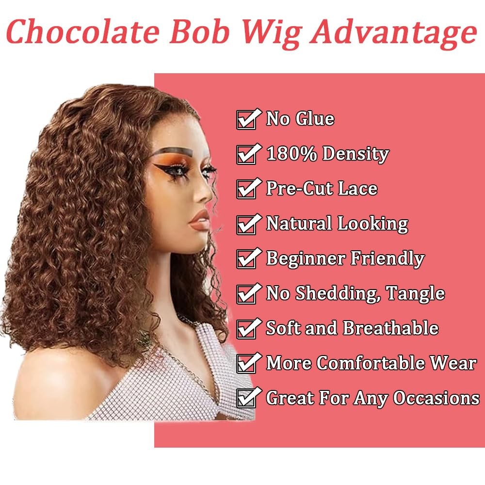 Pinketer Chocolate Brown Glueless Bob Wig Human Hair Wear And Go Deep Wave Wig