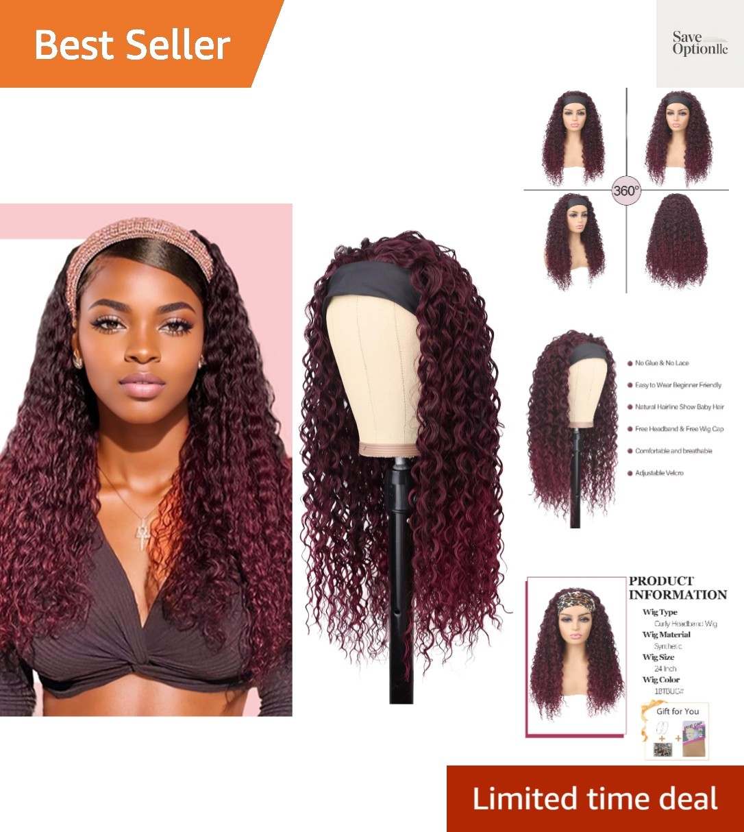 Red Headband Wigs for Black Women Wet and Wavy Headband Wig Ombre Red Curly S…
