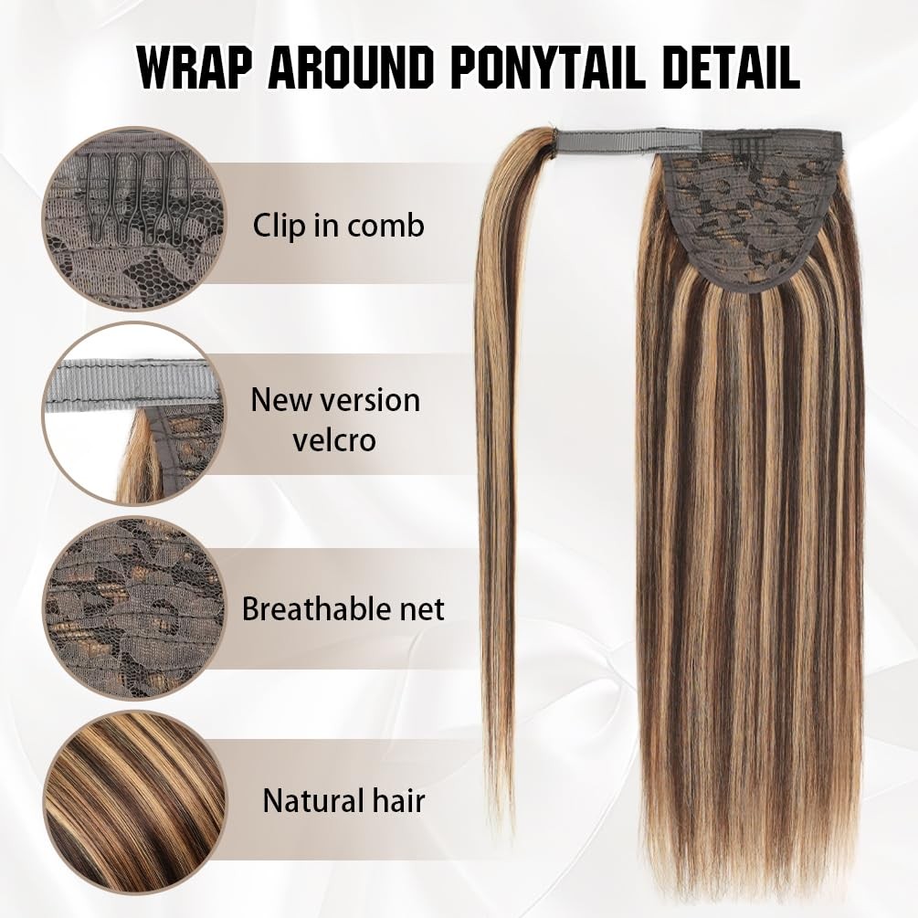 Amygirl Ponytail Extension Human Hair 16 Inch Medium Brown Mixed Blonde Silky