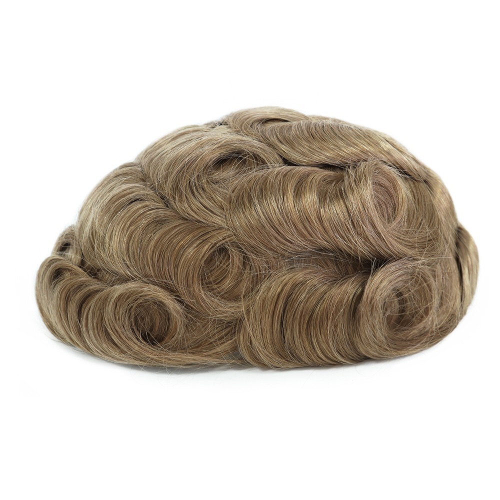 Mens Toupee Human Hair Replacement System Thin Skin Dark Blonde Red Hair #20R