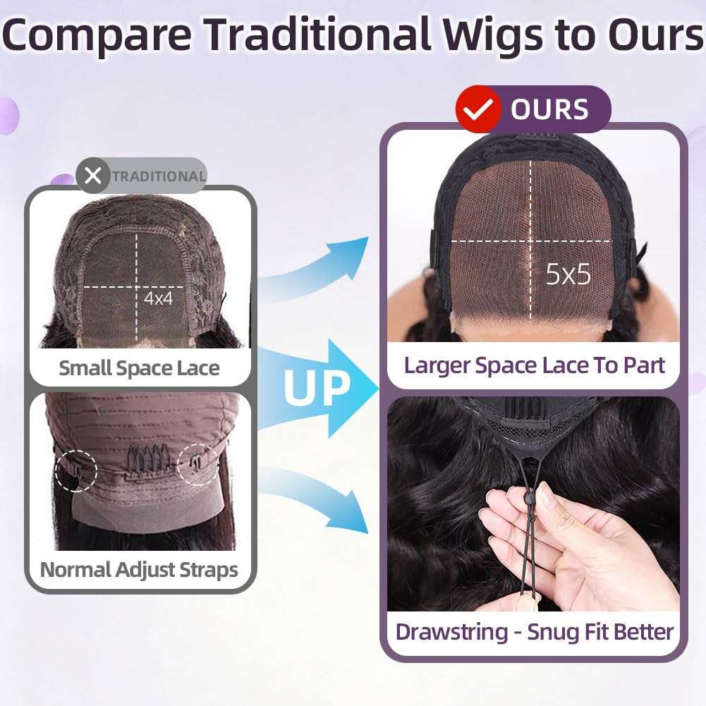 Drawstring Pre Cut 5×5 HD Lace Front Closure Body Wave Bob Wigs Human Hair for B