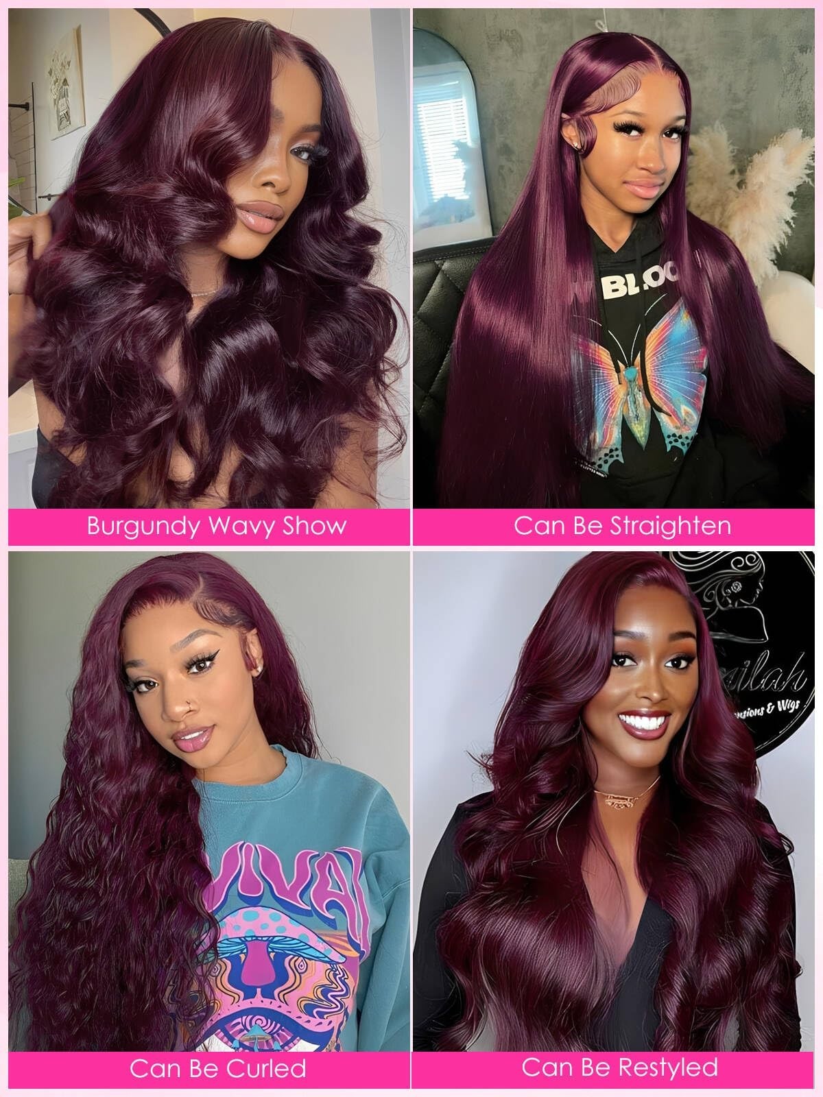 24″ Black Cherry Body Wave 360 Lace Front Wig – Human Hair, 200% Density, Gluele