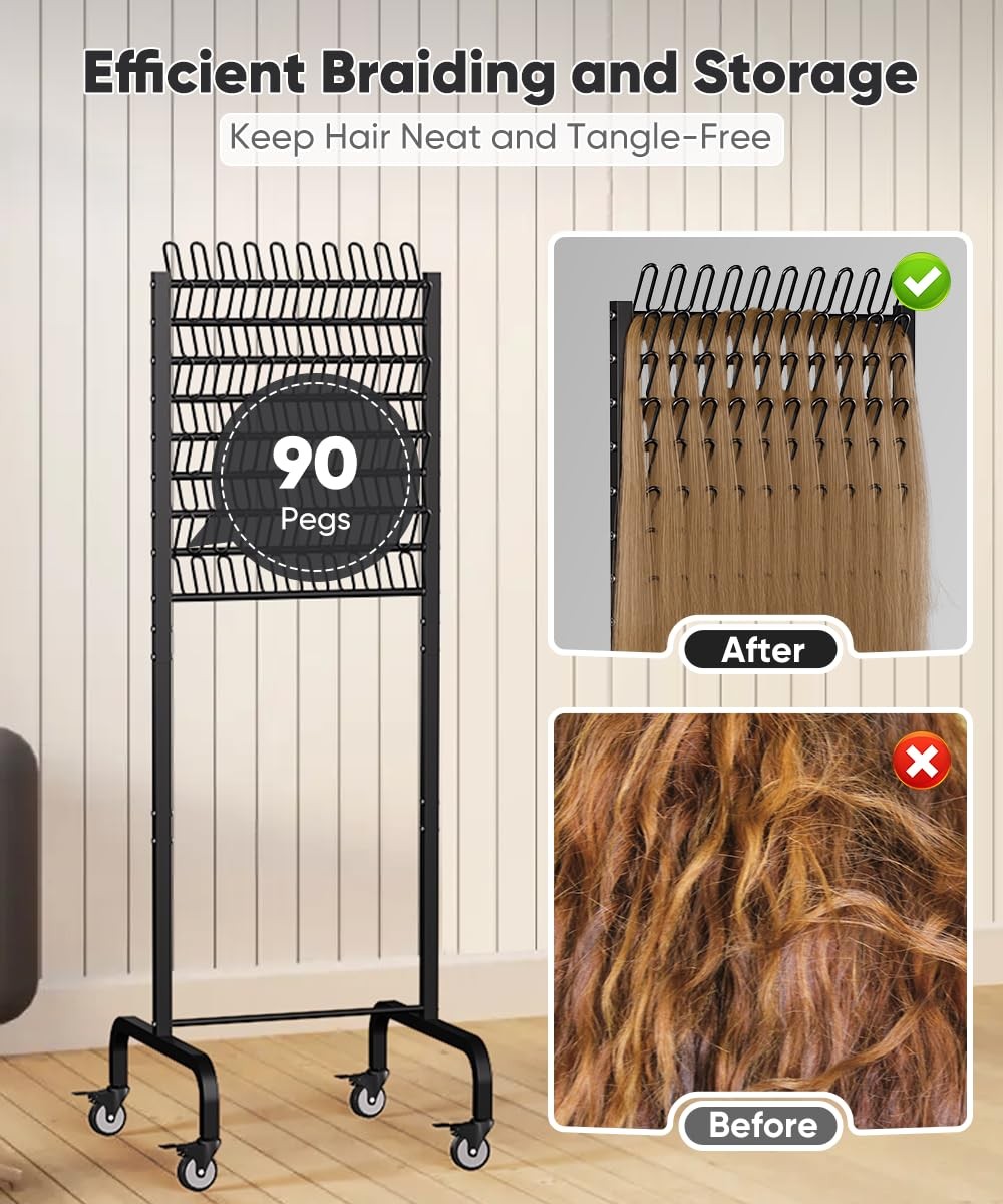 90 Pegs Braiding Hair Rack, Adjustable Metal Hair Separator Stand with Wheels…