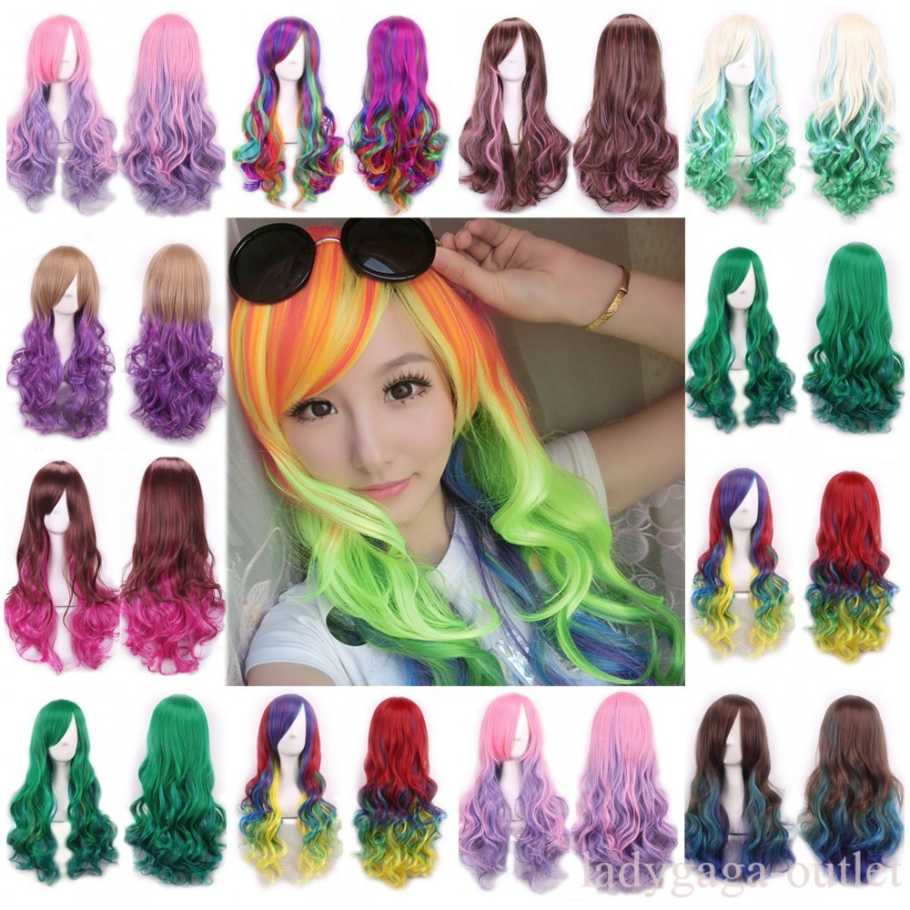 Colorful Women Long Hair Wig Curly Wavy Synthetic Cosplay Halloween Full Wigs la