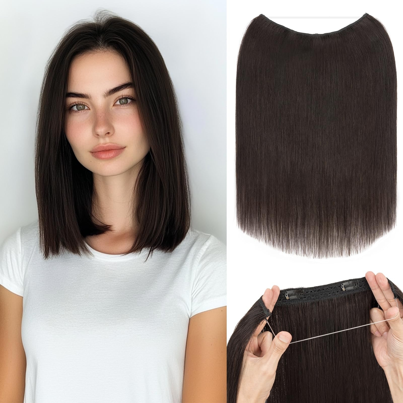 S-Noilite Halo Hair Extensions Real Human Hair 14Inch Short Straight Halo