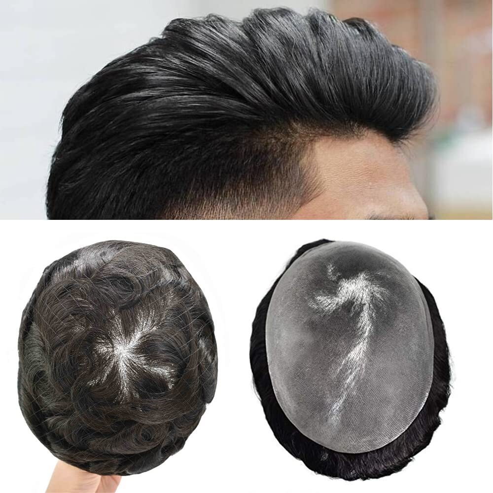 Mens Toupee Human Hair Piece Full Poly Thin Skin Men Hair Replacement SystemsUS