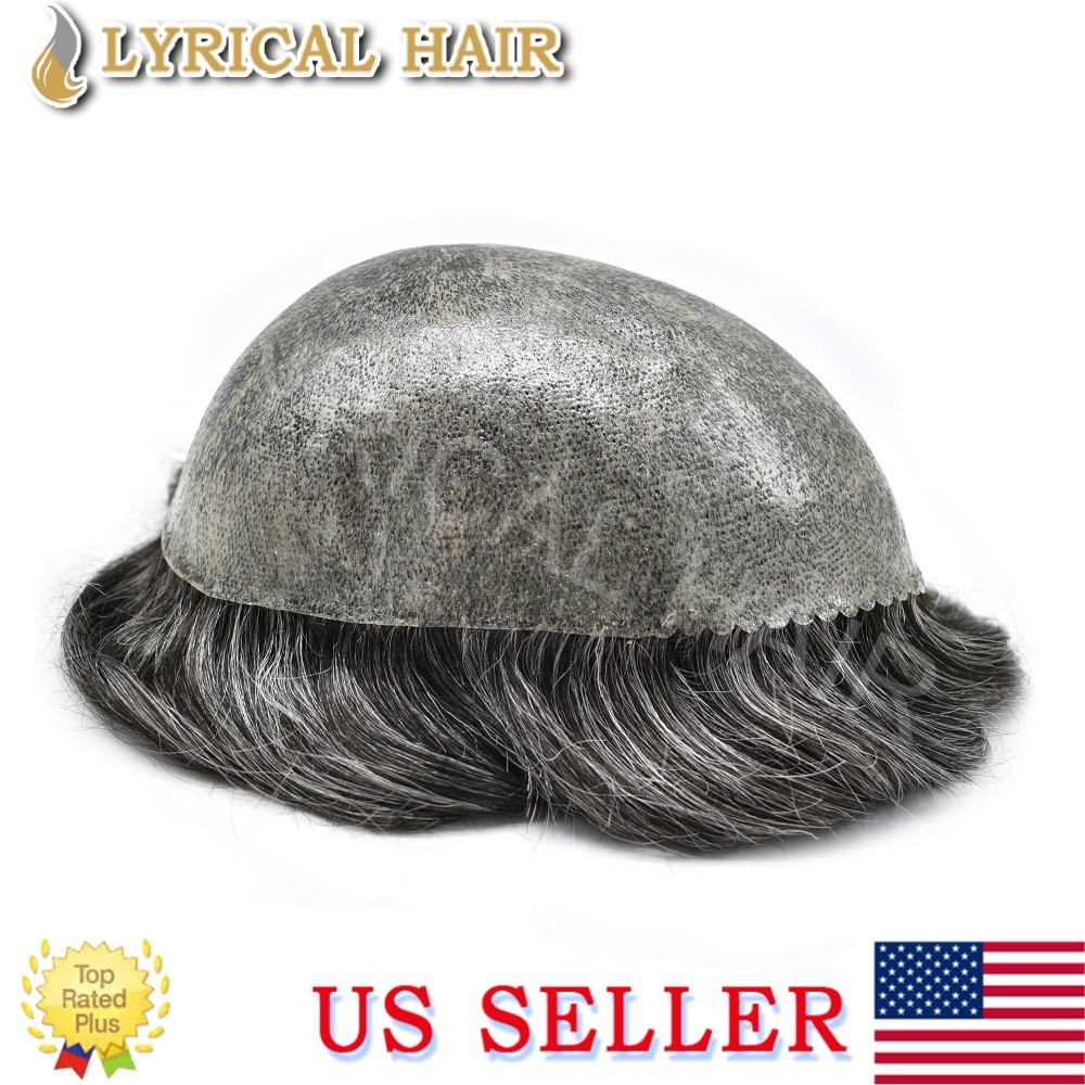 Mens Toupee Hairpiece All Poly Skin PU Human Hair Replacement System Wigs