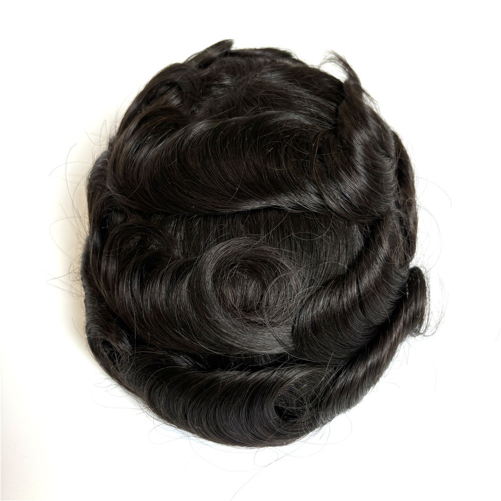 Men’s Human Hair Toupee Hairpiece Poly Gauze Hair System Replacement Black Wigs