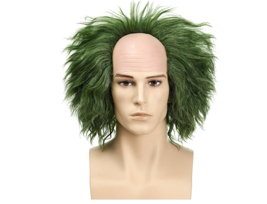 LAXSHZ Gothic Adult Men Short Curly Green Wig with Bald Cap for Halloween