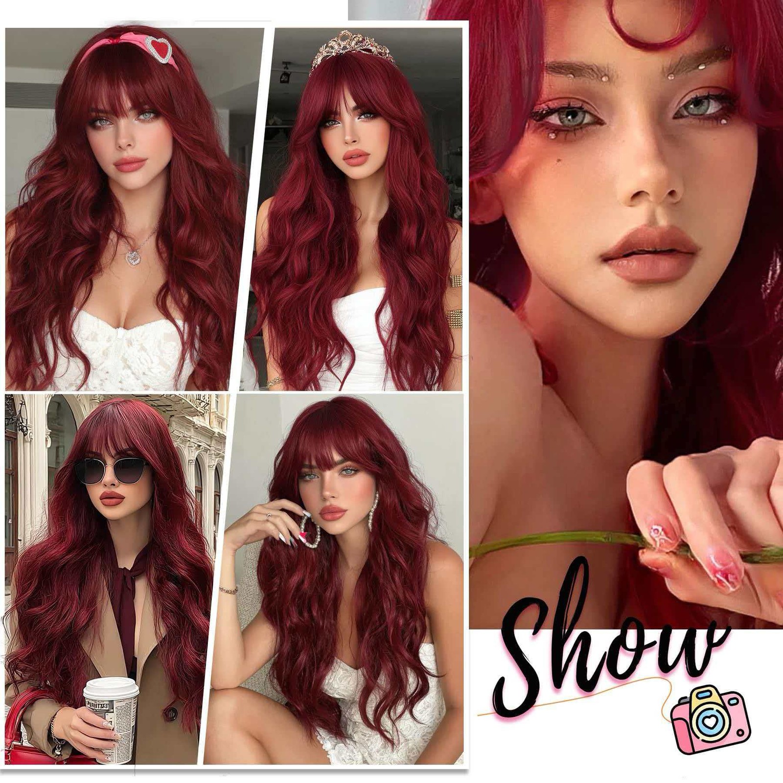 Rose Red Wavy 30in Long Wig for Women Heat Resistant Synthetic Cosplay Party