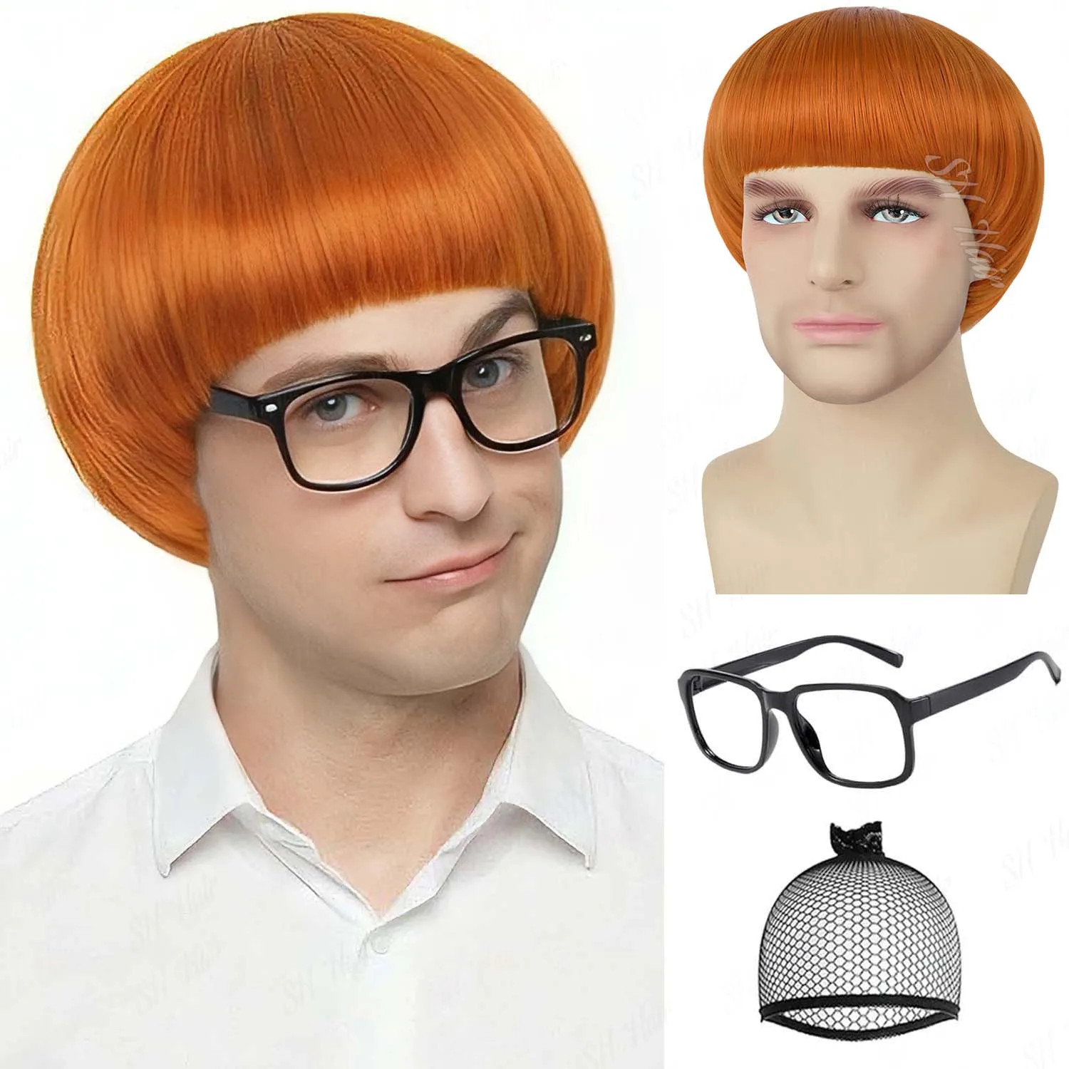 Synthetic Black / Brown Men Mushroom+Glasses Wig Unisex 60S Bowl Cut Wig with Ba