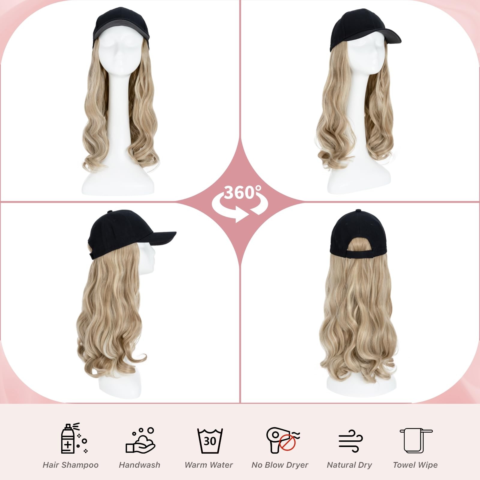 SEGO Hat Wig, Hat with Hair Attached for Women Black Baseball Cap with Hair E…
