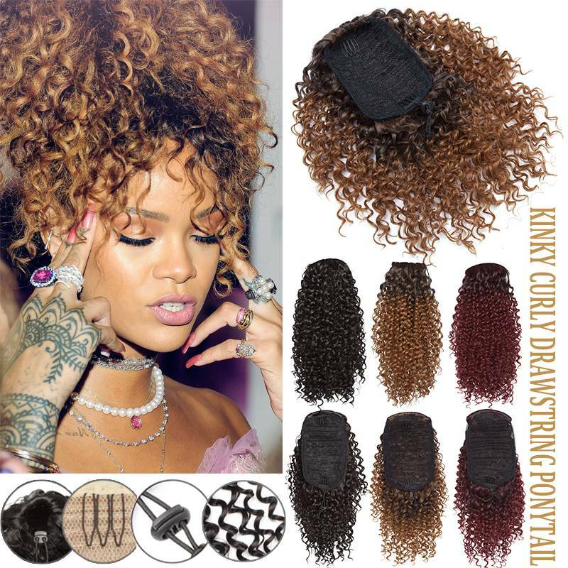Large Kinky Curly Drawstring Ponytail One Piece Clip In Hair Extension for Human