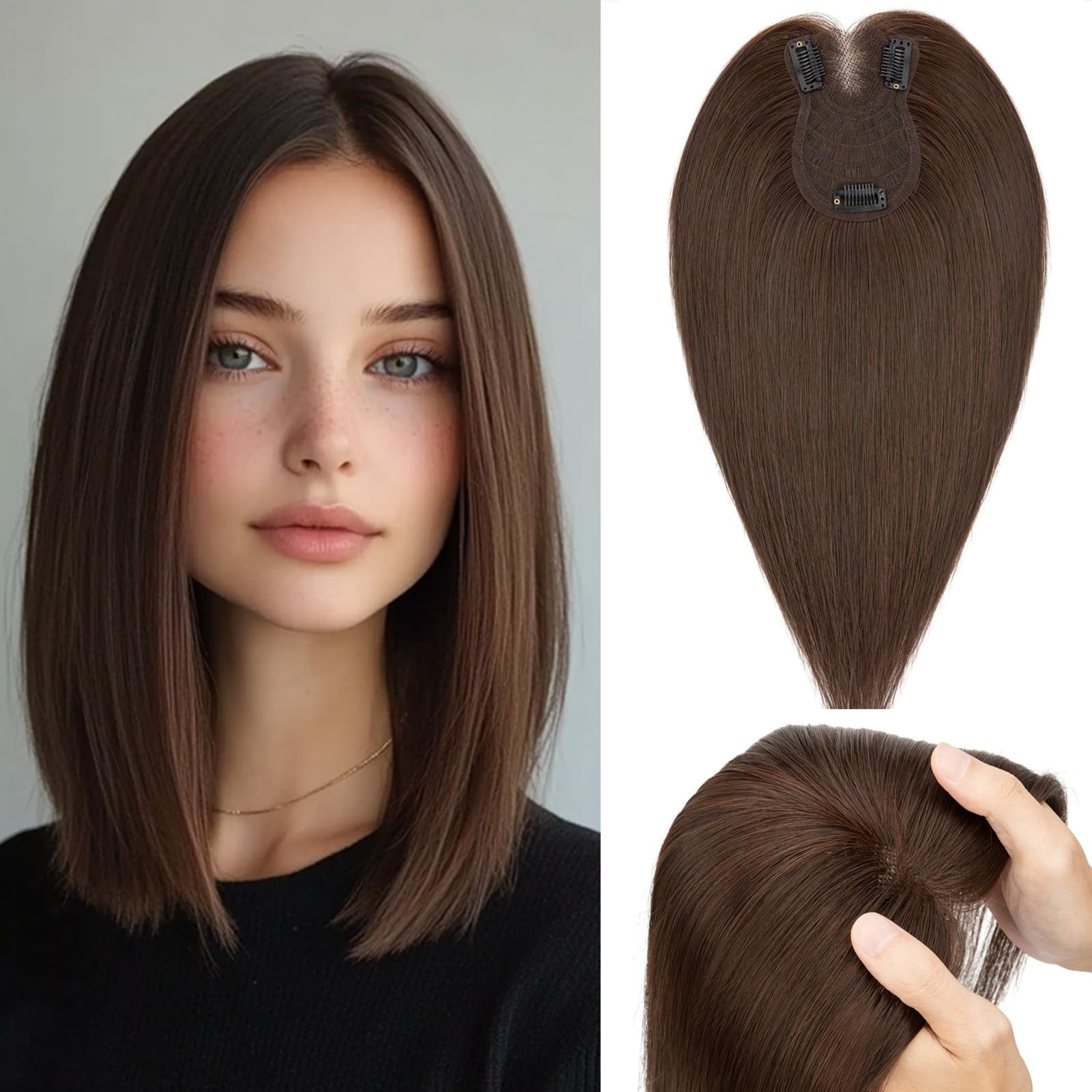 Rich Choices 14″ Real Human Hair Topper No Bang #2R Chocolate Brown Clip In