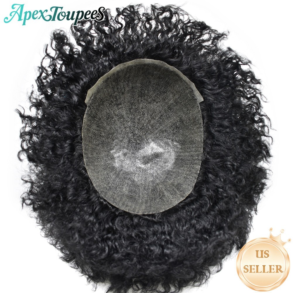 Afro Curly Black Men Toupee Hairpiece Full Poly Kinky Curly Human Hair PU system