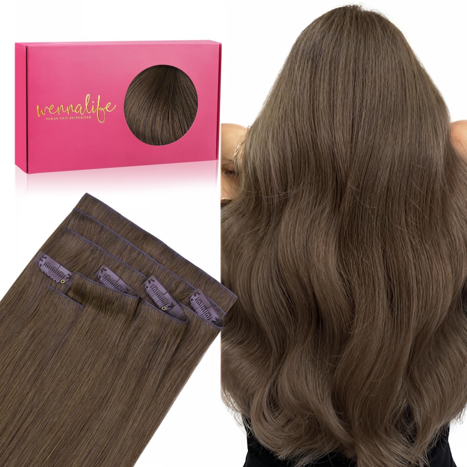 Seamless Clip-In Hair Extensions 18″ 130g Real Human Hair, Muted Light Brown, 7p