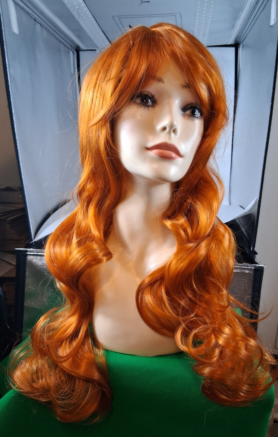 Long curly wave synthetic wig with blunt bangs heat resistant fiber full wig