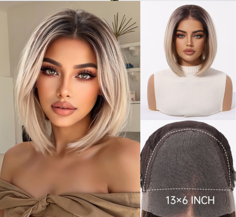 Medium Bob Rooted Blonde Mix Large Lace Front Cap Synthetic Hair Wigs Women