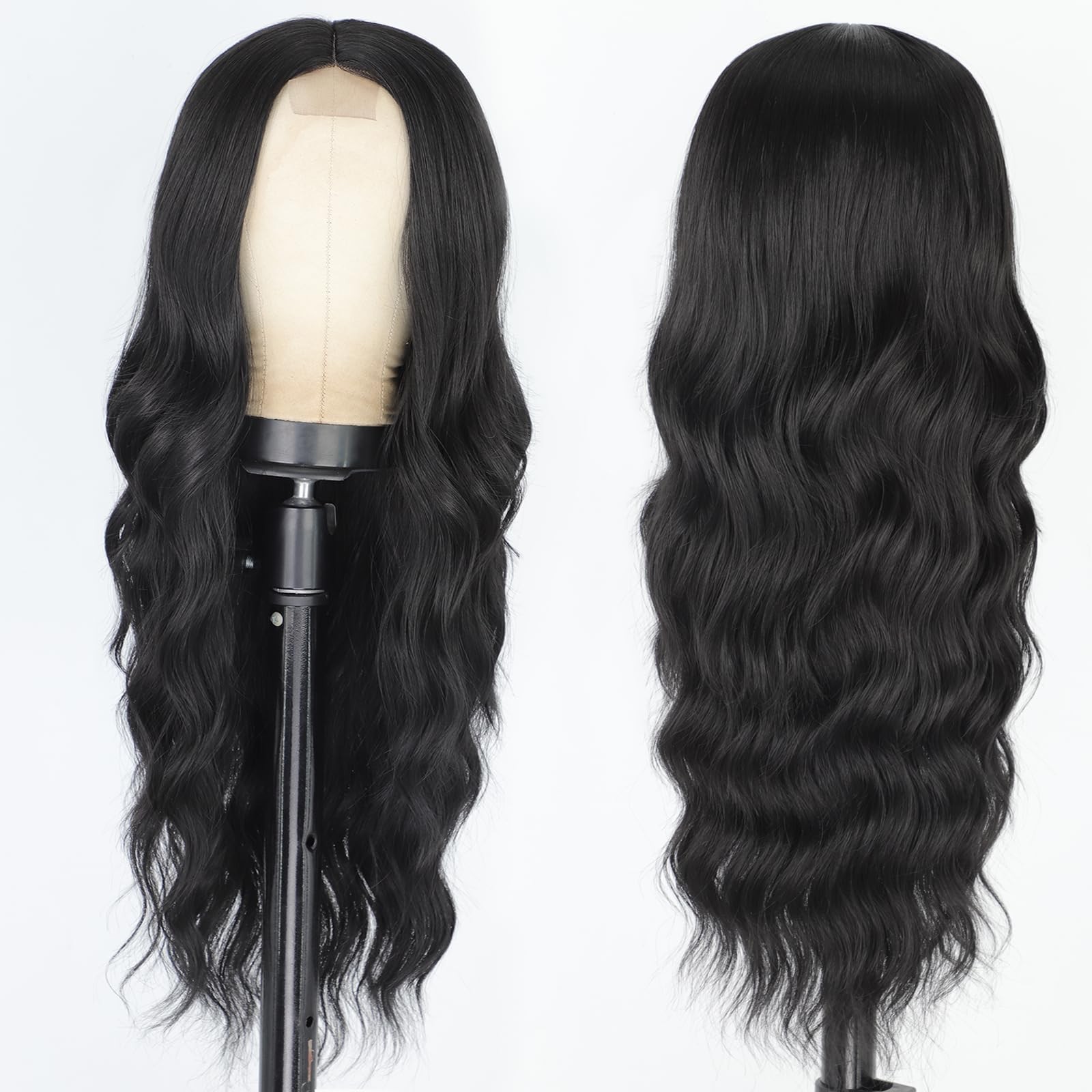 AISI QUEENS Long Black Wigs for Women Middle Part Curly Wavy Black Wig Natura…