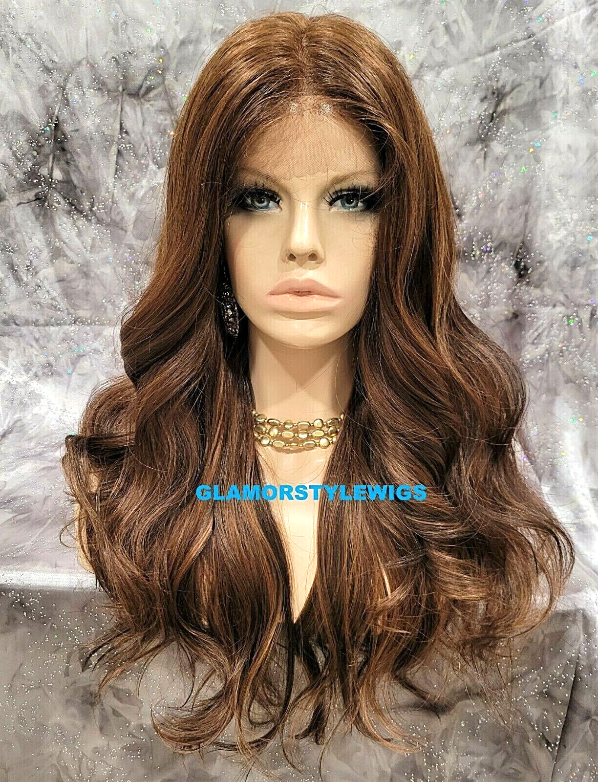 FREE PART LACE FRONT FULL WIG LONG LAYERED WAVY BROWN AUBURN MIX HEAT OK NWT