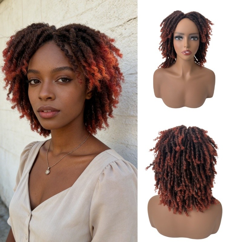 Short Dreadlock Wig 12 Inch Synthetic Fiber Curly Braided Wig Rose Net Cap 1B#