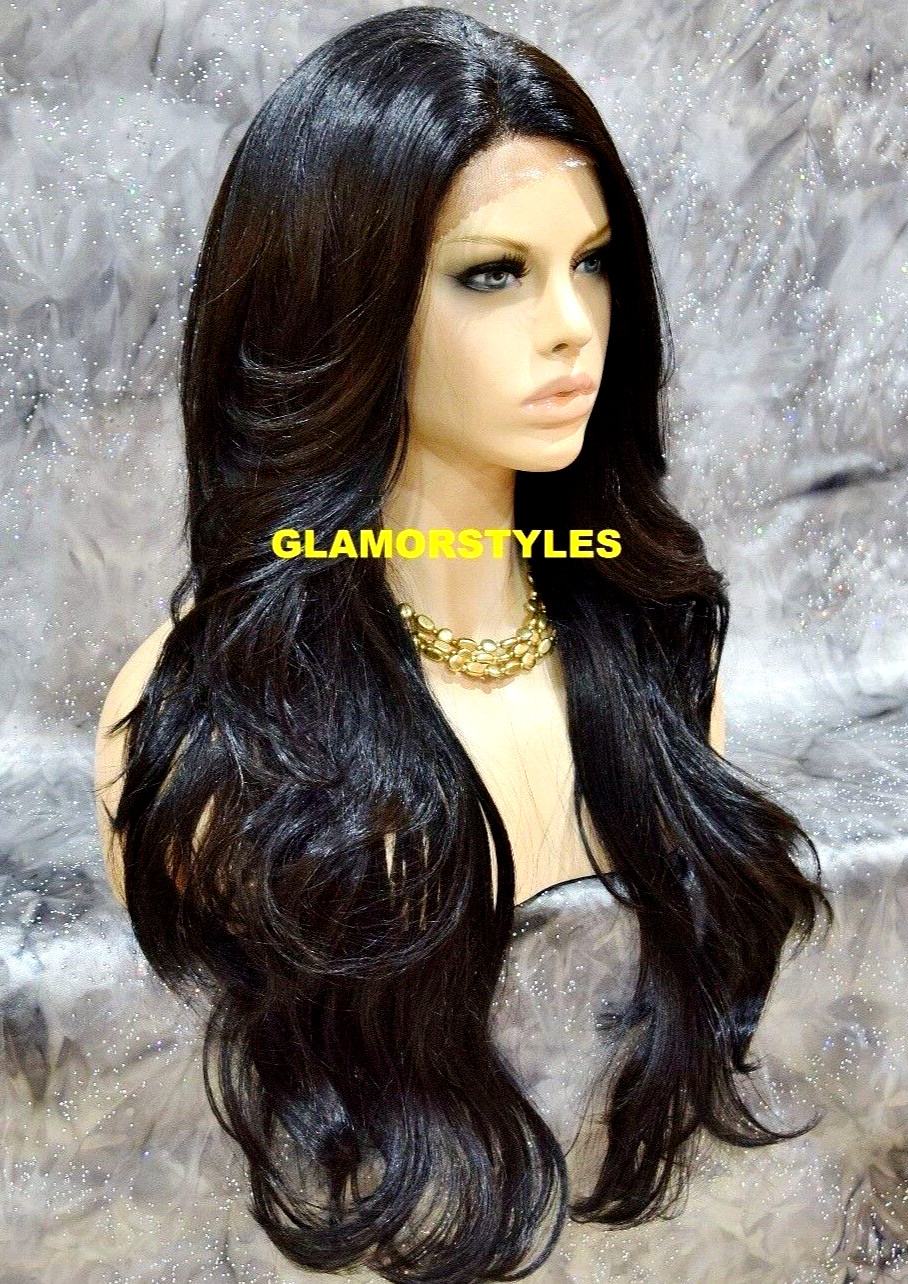 LACE FRONT FULL WIG LONG WAVY LAYERED SIDE PART OFF BLACK #1B HEAT OK NWT