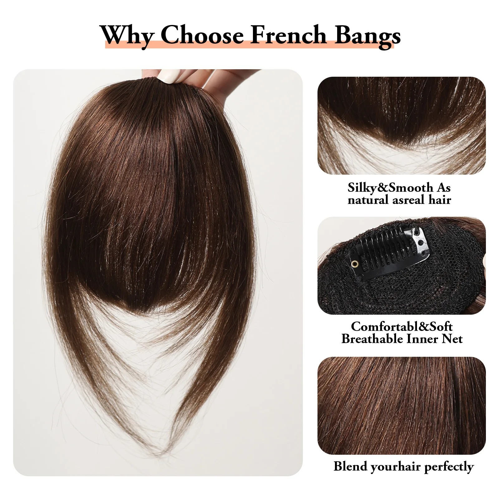 3 Inch Clip In Bangs Dark Brown 100% Human Hair Fringe with Temples Thick French
