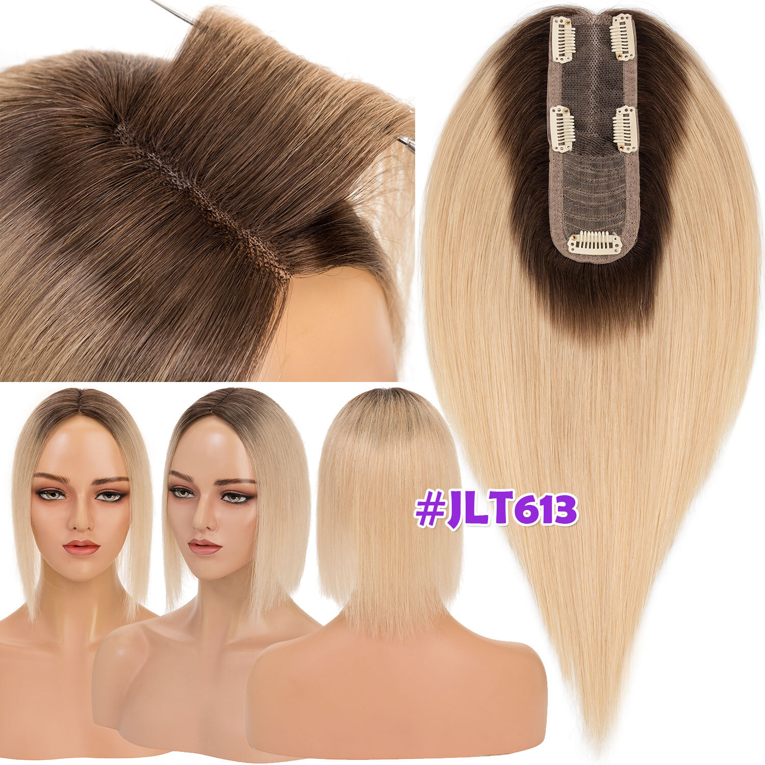 Free Part Top Lace Base Clip in REAL Human Hair Topper Toupee Women Hairpiece US