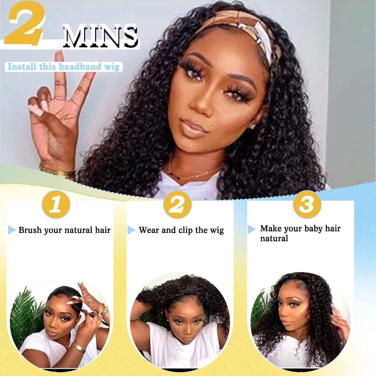 14″ Kinky Curly Headband Wig for Women Black Heat Resistant Synthetic Cosplay