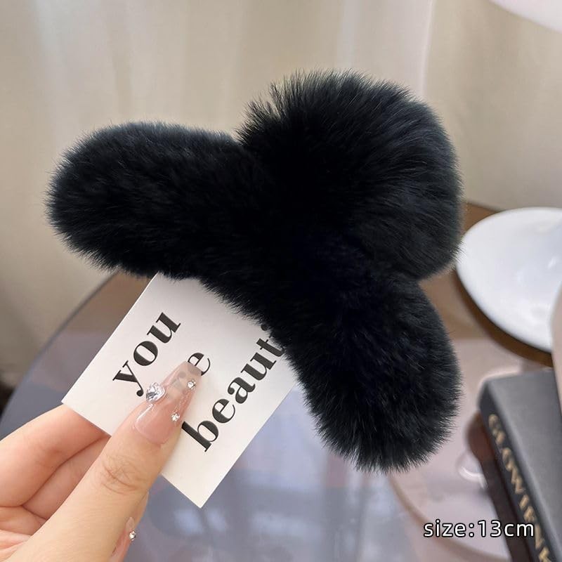 YOYLMAL Large Faux Fur Hair Claw Clip for Women, 1 Count (Pack of 1), Black