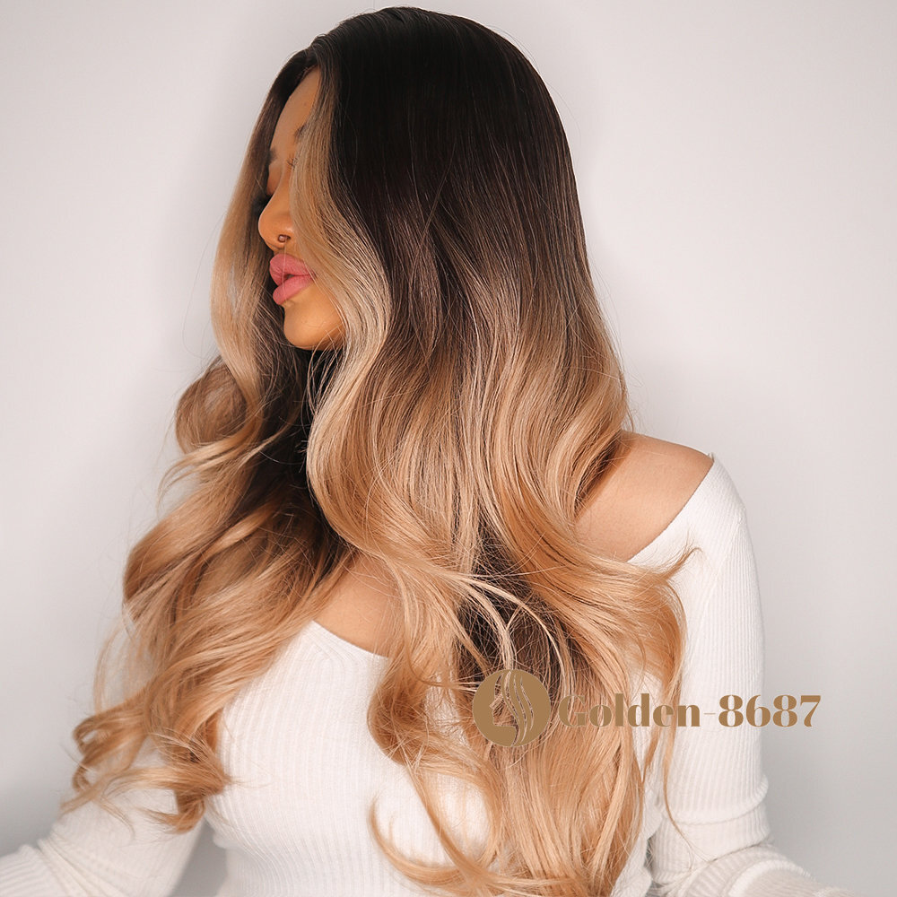 Fanshion Long Wavy Ombre Brown Light Blonde Synthetic Wigs for Women Hair Wig US
