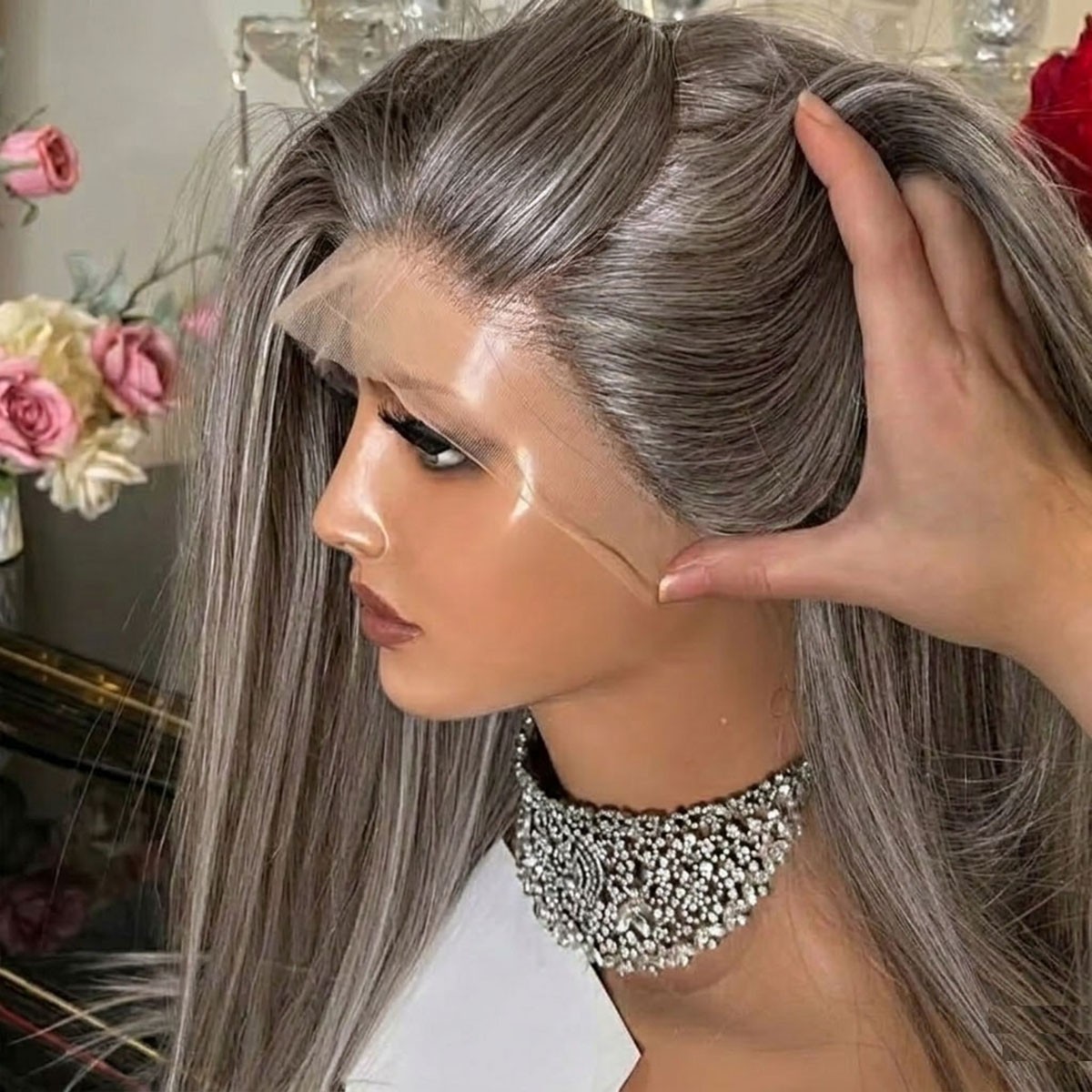 Heat Resistant Hair Brown mix Blonde Long Straight Natural Frontal Lace Wig