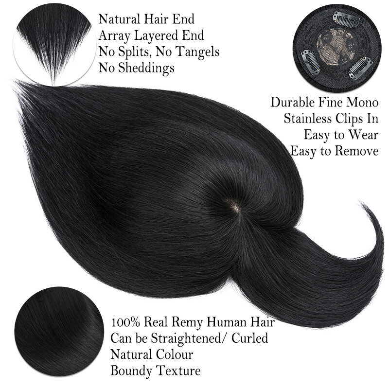 Clip In 100% Remy Human Hair Piece Topper Toupee Hairpiece Bangs Middle Parting