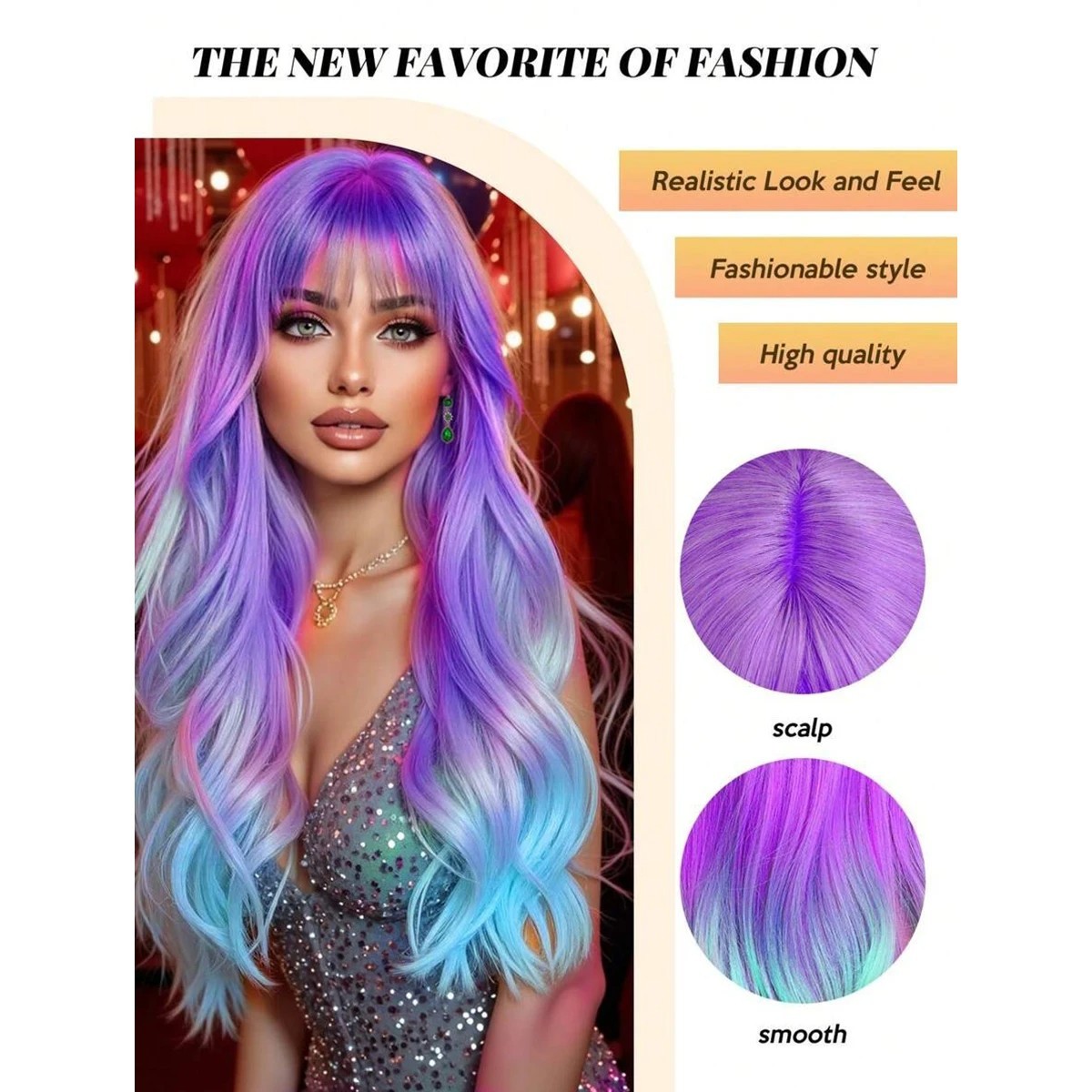 26″ Pastel Rainbow Ombre Long Wavy Wig with Bangs Pink Purple Blue Synthetic