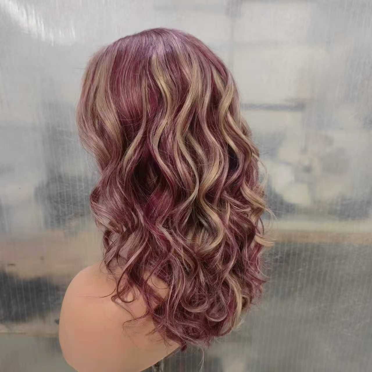 Balayage Burgundy Red with Dark Blonde Highlight Human Hair Lace Front Wigs 12″